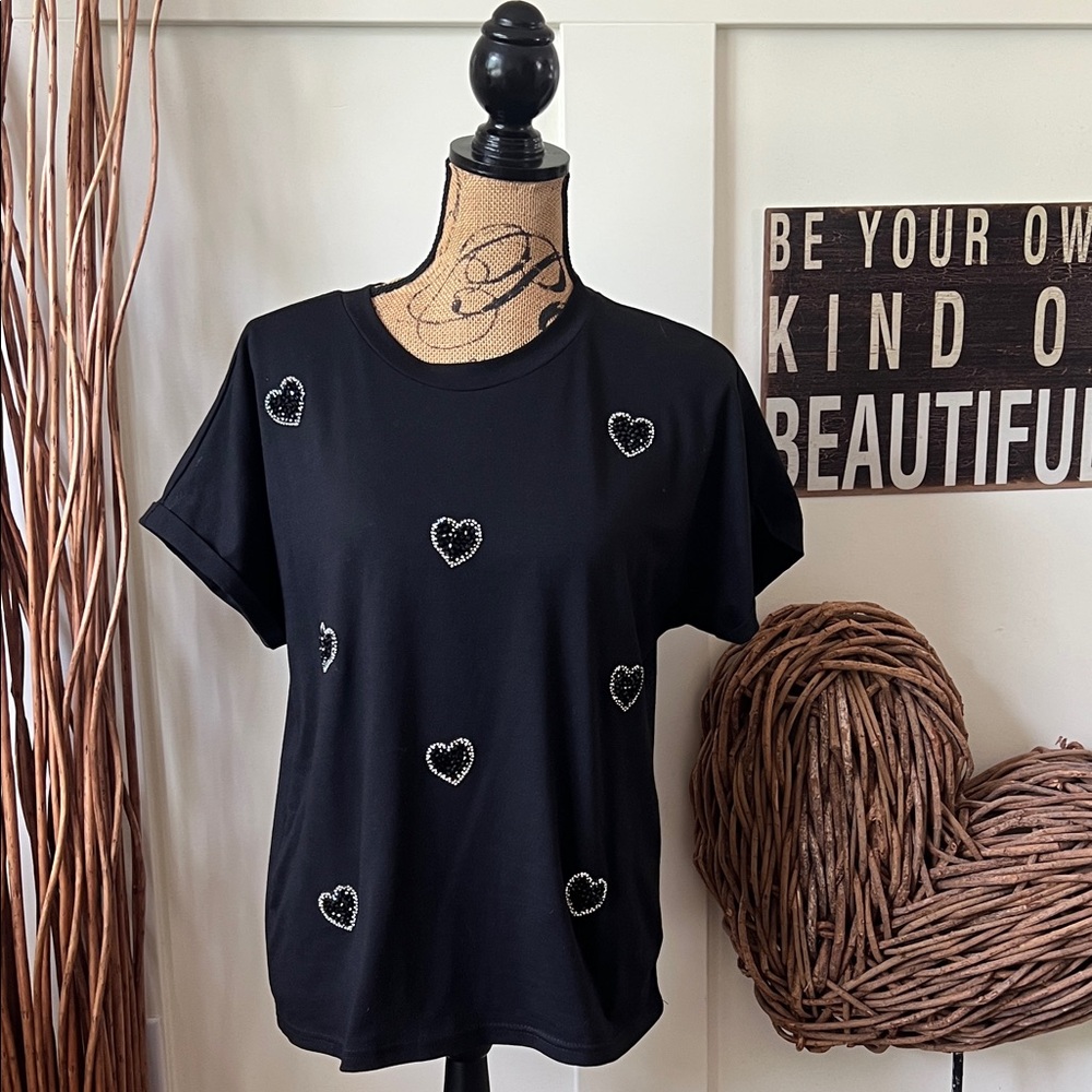 Black Heart Embellished Women's Top Nwot